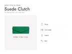 Lalage Beaumont suede clutch bag in emerald green, what fits and measurements