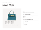 Lalage Beaumont Maya Midi handbag in teal lizard print leather, what fits and measurements