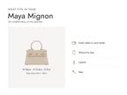Lalage Beaumont Maya Mignon handbag in beige grained leather, what fits and measurements