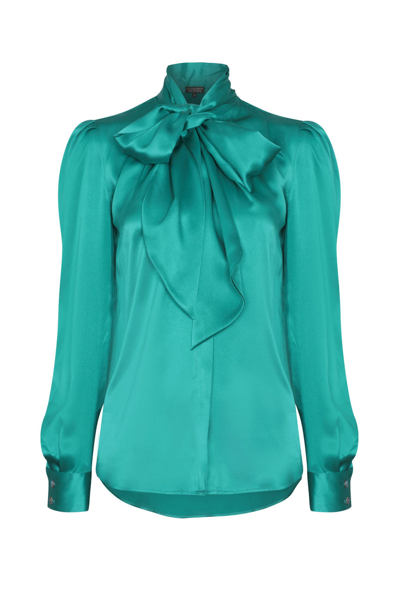 Tie Neck Silk Satin Blouse in Emerald Denisa Lalage Beaumont