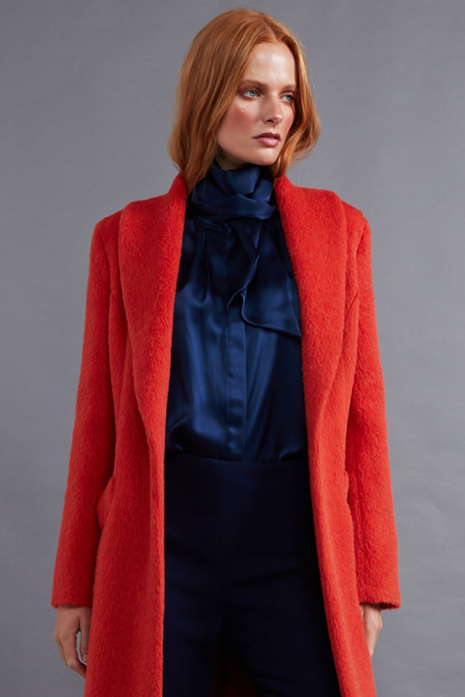 Tie-Neck Blouse in Navy Silk Satin Denisa – Lalage Beaumont