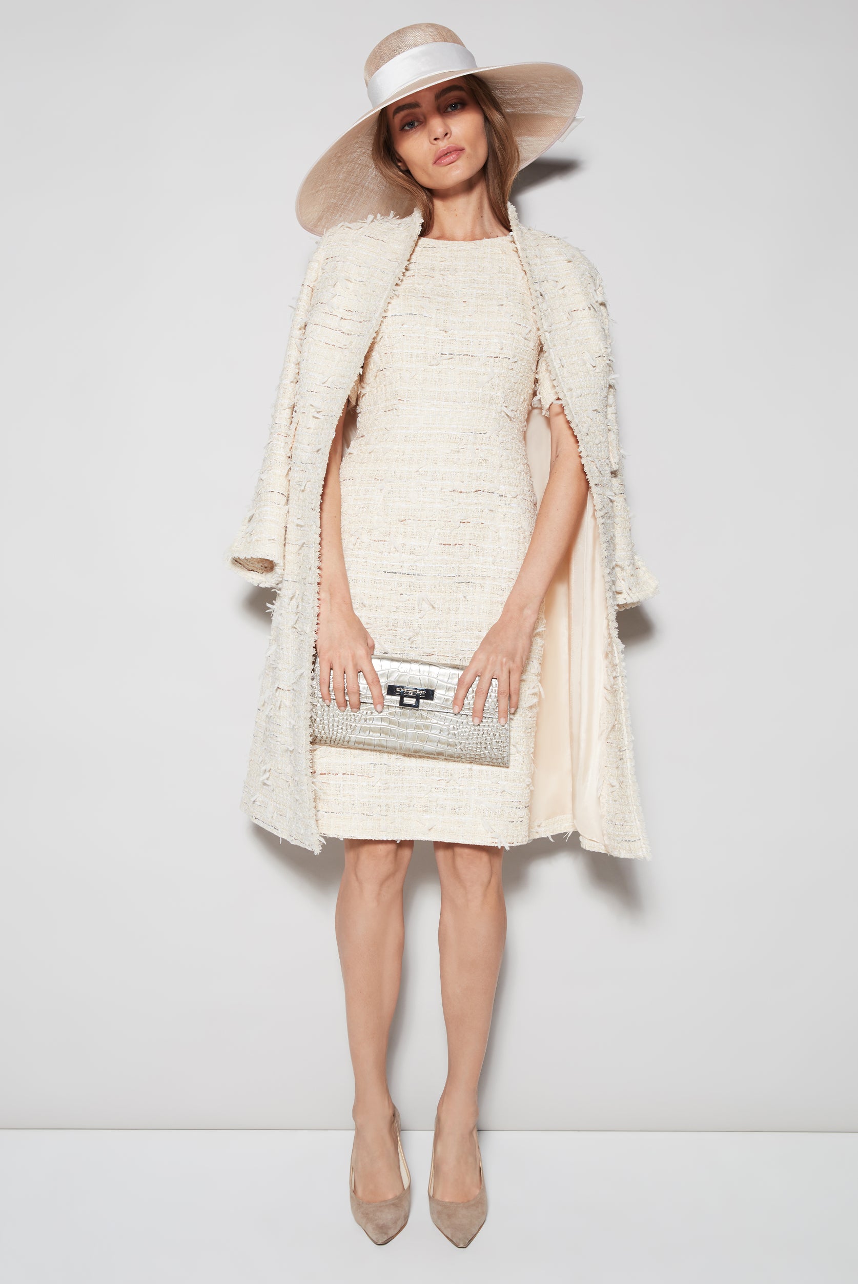 Cream Textured Tweed Dress Coat Claire