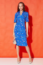 Tulip Print Silk Shift Dress in Royal Blue with Turquoise - Em