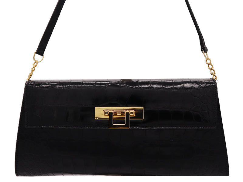 Fonteyn Clutch Orinoco &#39;Croc&#39; Print Calf Leather Handbag - Black