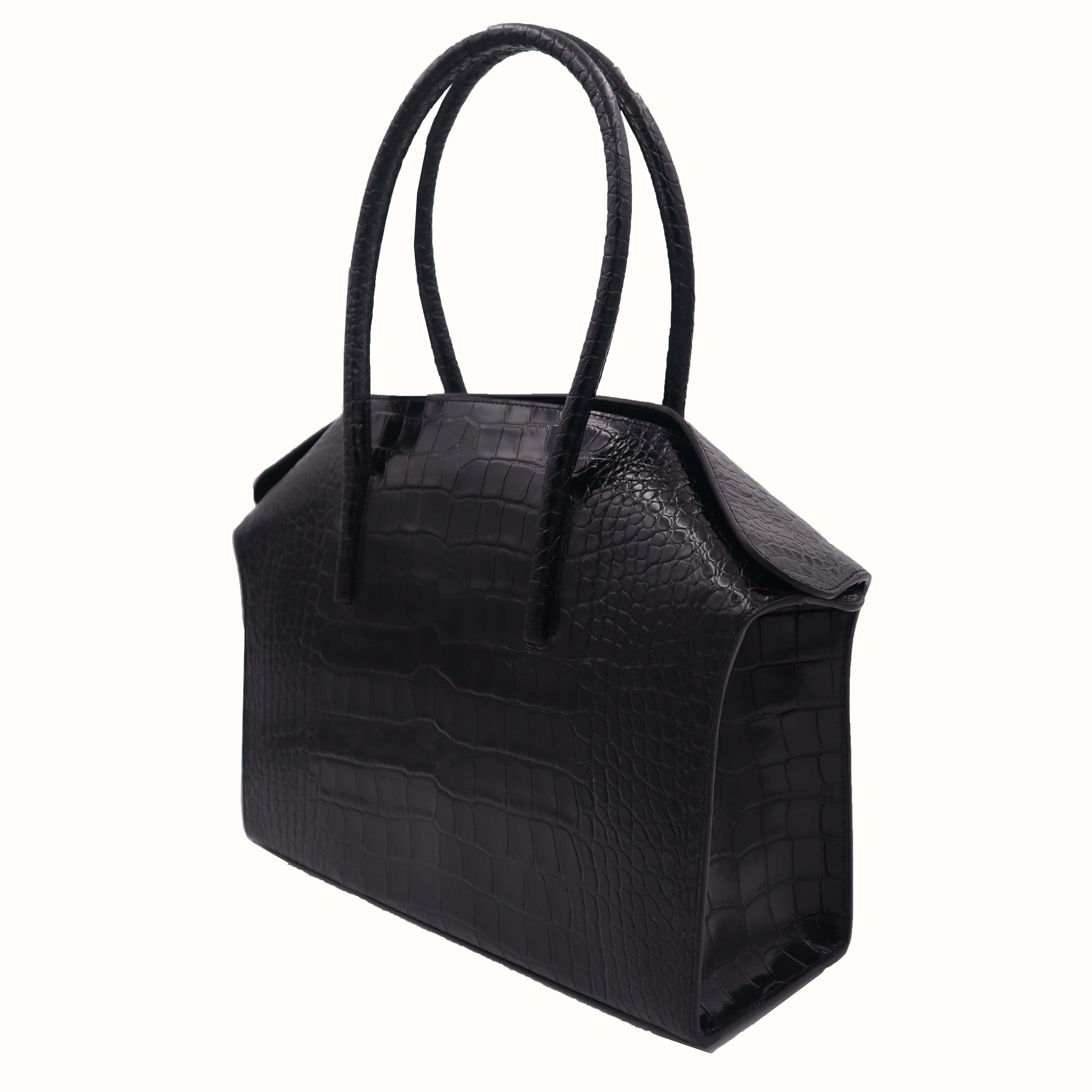 Carmen - Large Tote Handbag in Orinoco &#39;Croc&#39; Print Calf Leather - Black