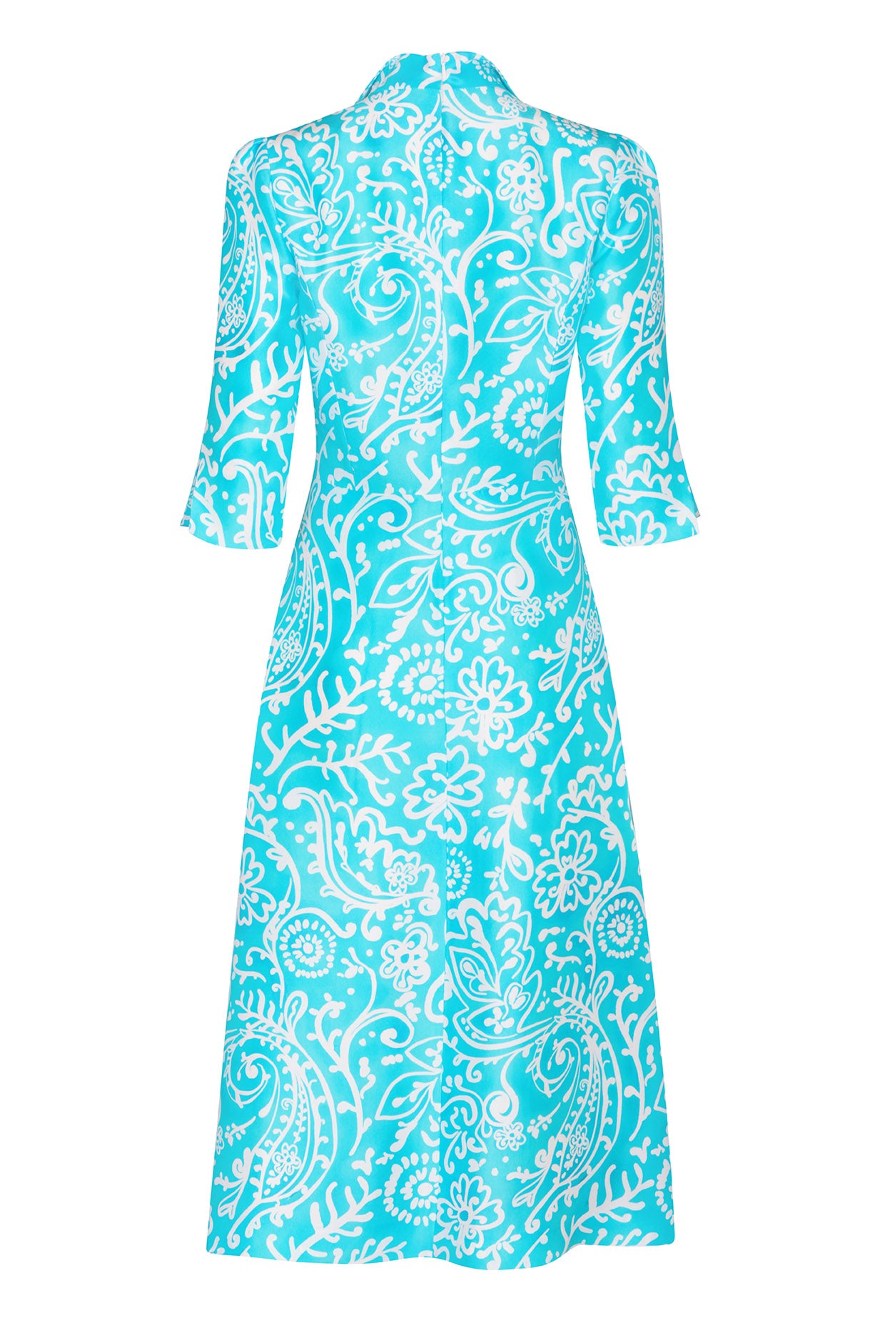 A-Line Dress in Turquoise/White Printed Silk Shauntung - Naomi | Lalage  Beaumont