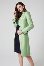 Chartreuse/Navy Dress Coat in Summer Brocade with Cord Trim and Frogging - Vicky
