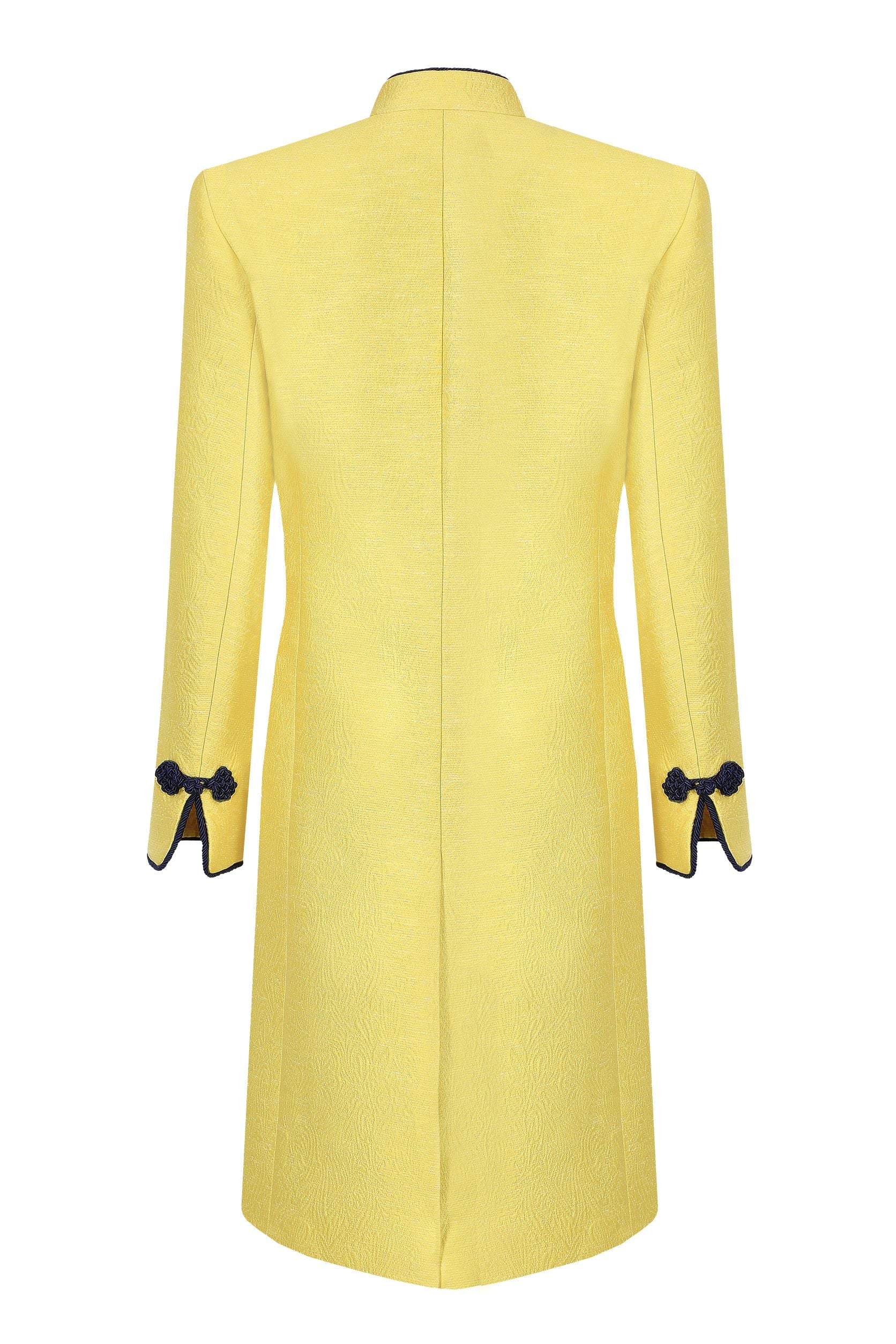 Yellow Dress Coat in Summer Brocade with Cord Trim and Frogging