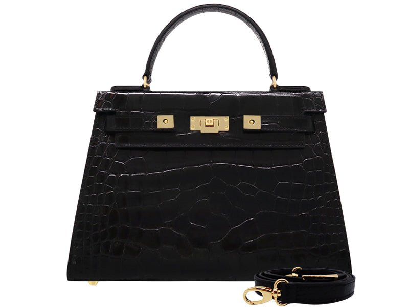 Maya Large Orinoco Croc Print Calf Leather Handbag Black