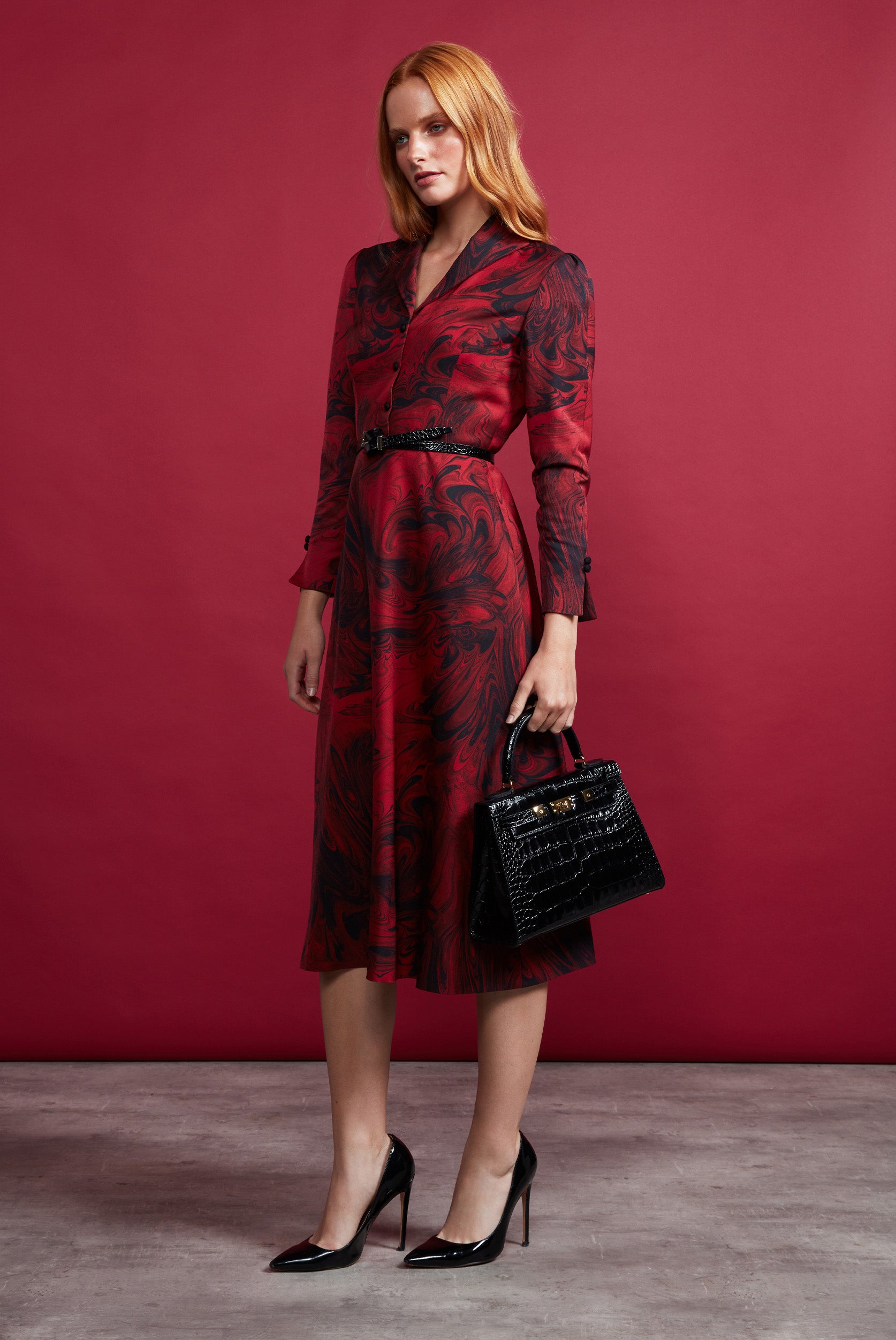 Long Sleeved Midi Dress in Dark Red and Black Marble Print Nadia Lalage Beaumont