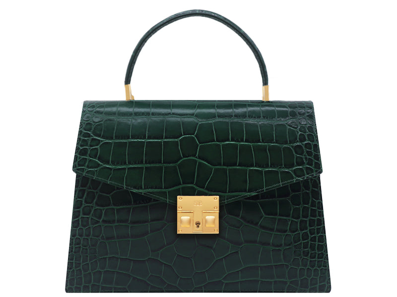 Odette Large Orinoco &#39;Croc&#39; Print Calf Leather Handbag - Dark Green