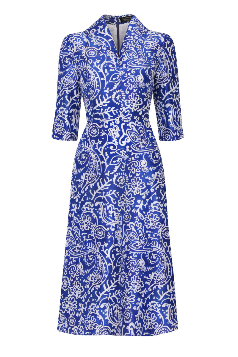 Calf Length, A-Line Dress in Blue and White Printed Silk Shantung