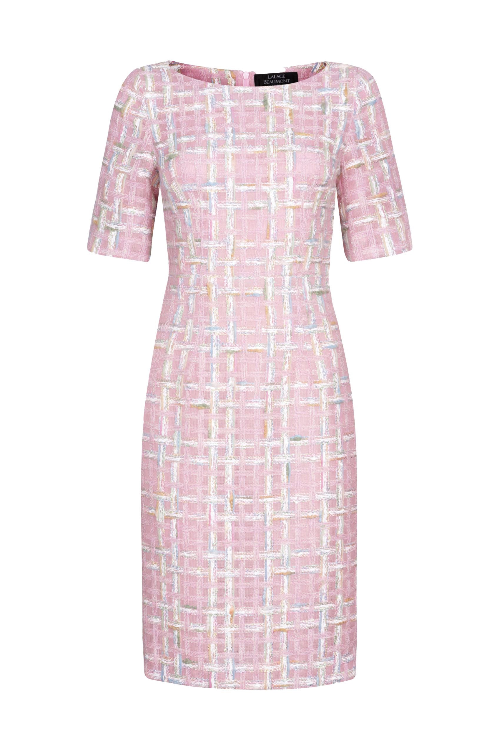 Shift Dress with Short Sleeves in Featherweight Pastel Pink Tweed | Angie | Lalage Beaumont Shift Dress with Short Sleeves in Featherweight Pastel Pink Tweed | Angie | Lalage Beaumont