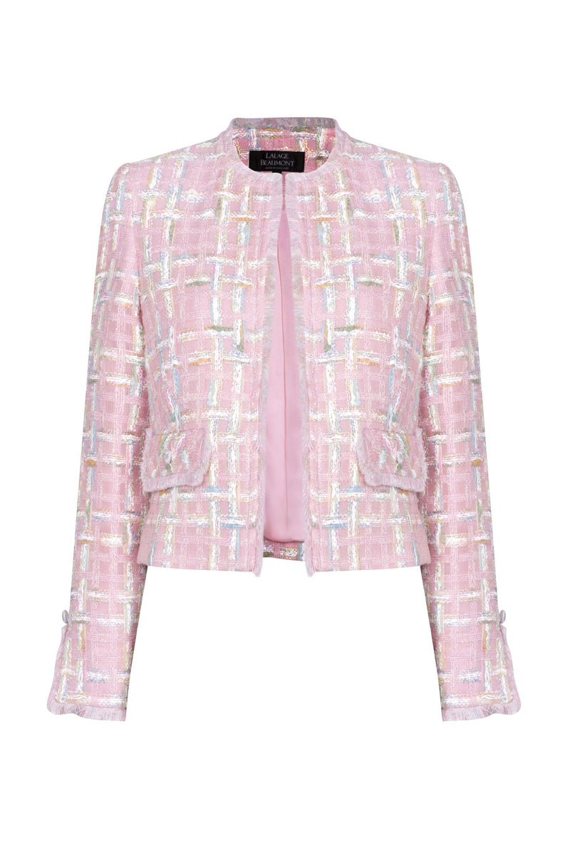 Short Featherweight Tweed Jacket in Pale Pink with Pastel