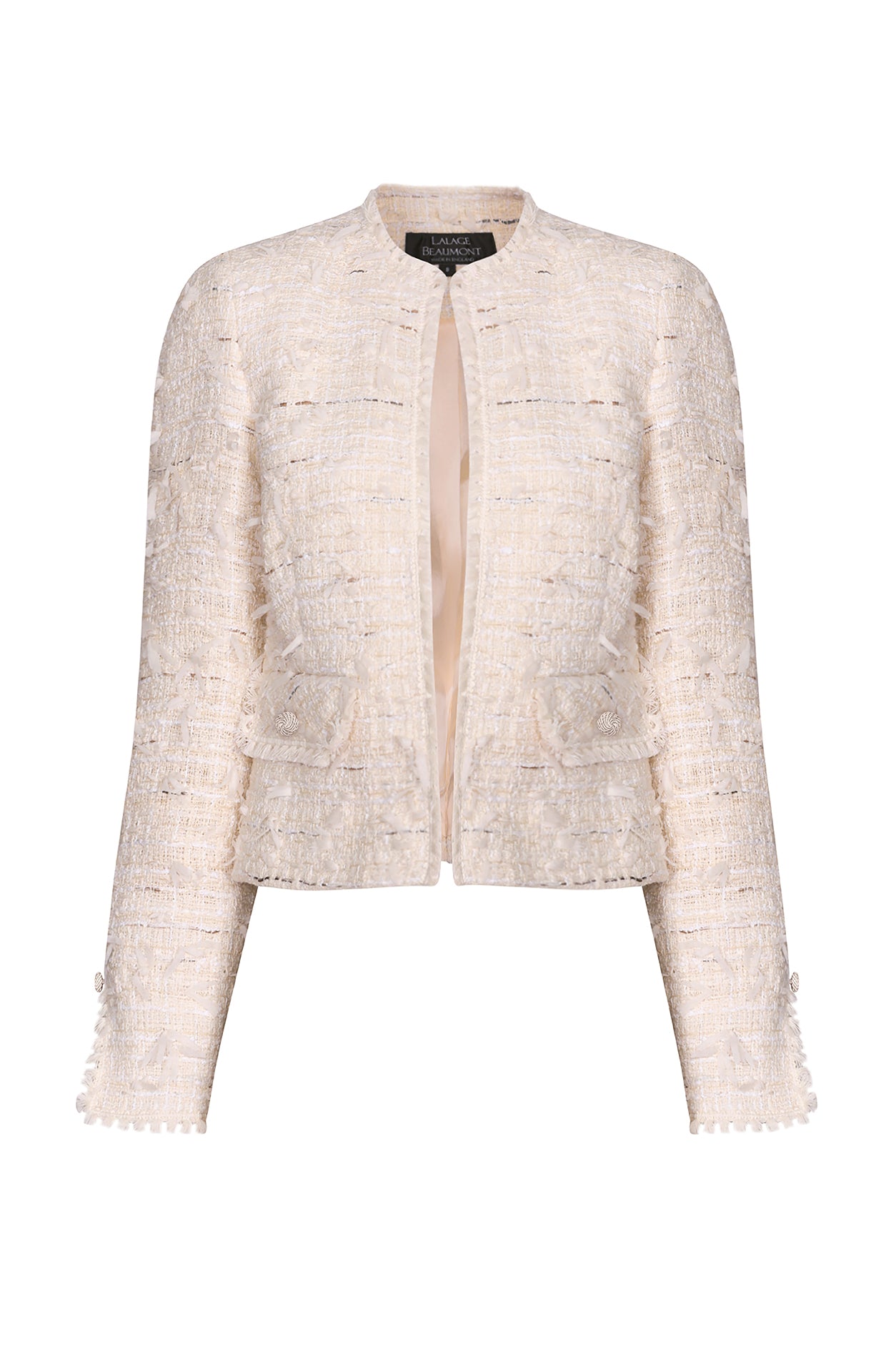 Tweed Short Jacket with Fringe Edges in Cream Carrie Lalage