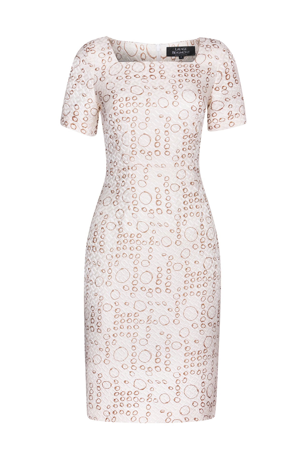 Ivory Coffee Printed Shift Dress in Silk Wool Matelass with