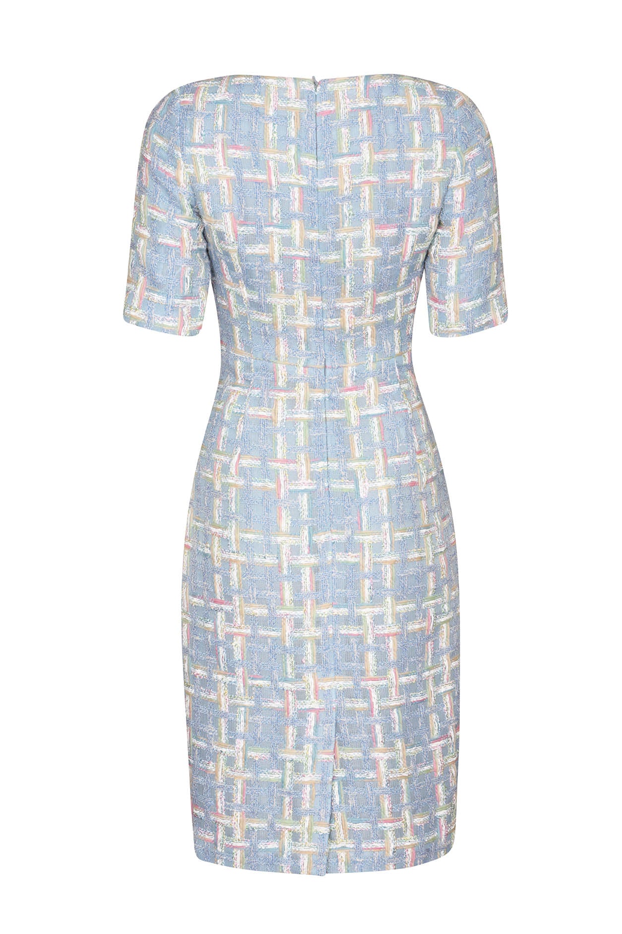 Shift Dress in Featherweight Sky Blue Tweed with Elbow Length