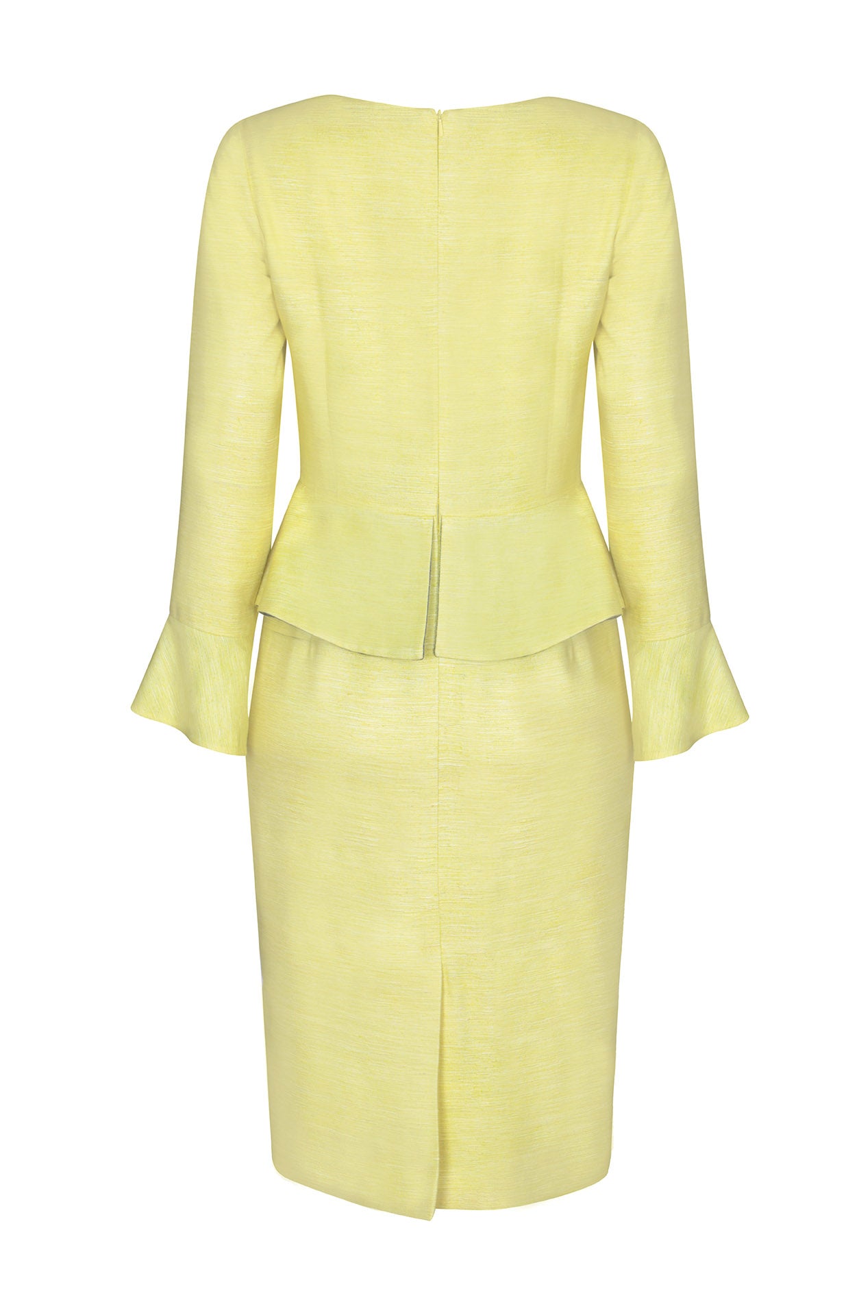 Lemon Yellow Raw Silk Peplum Dress with Fluted Cuffs - Catherine