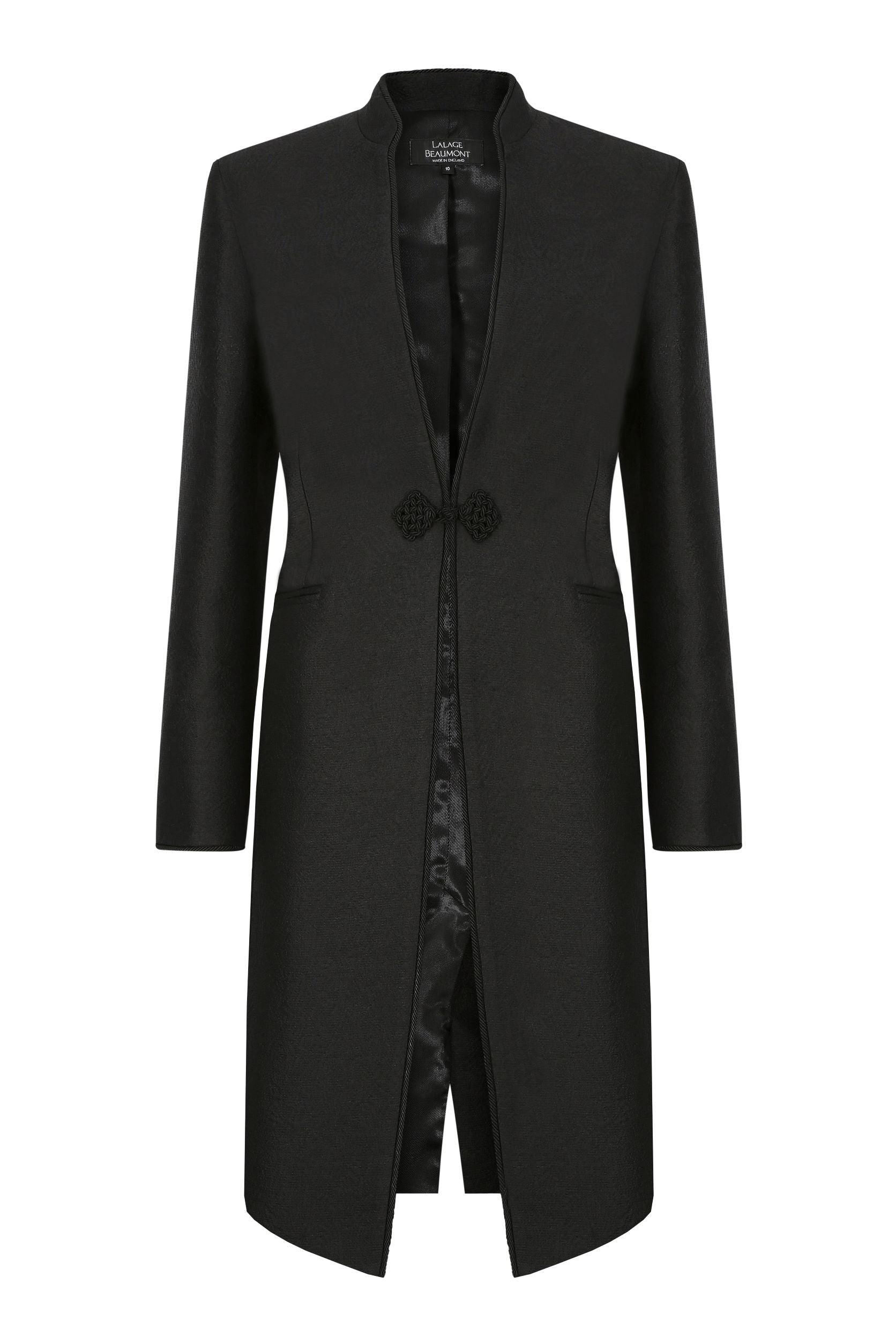 Black Dress Coat in Summer Brocade with Cord Trim and Frogging - Vicky