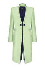 Chartreuse/Navy Dress Coat in Summer Brocade with Cord Trim and Frogging - Vicky