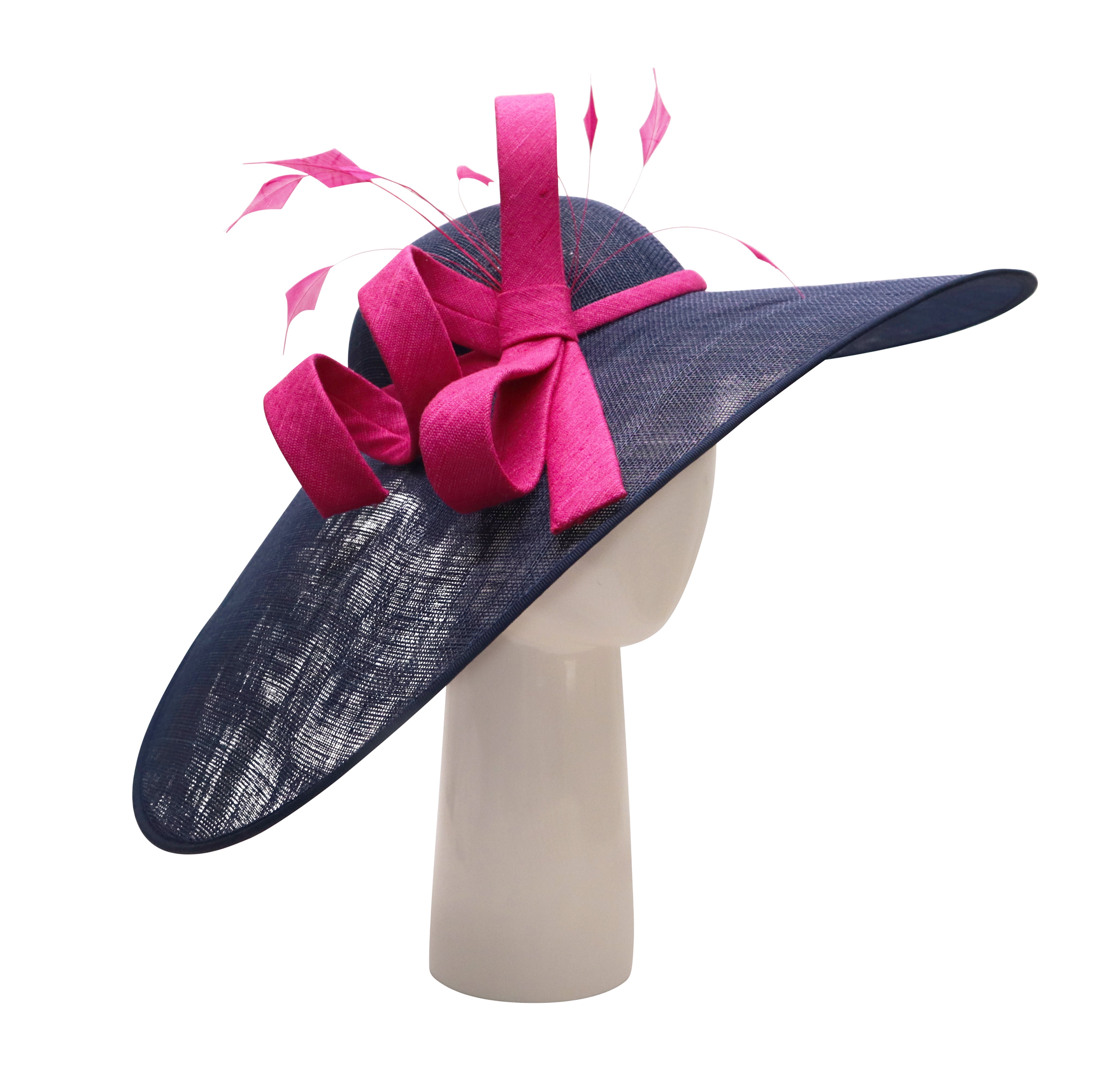 Oval Dish Hat in Navy with Fuchsia Feathers