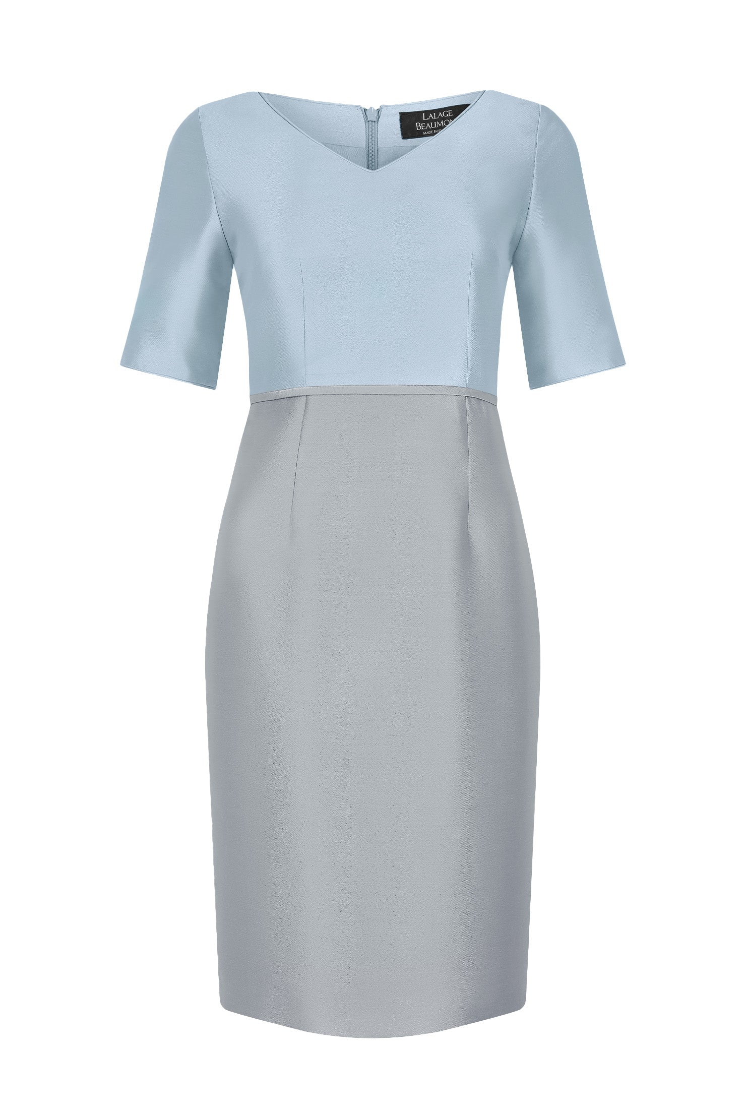 Amelia Dress in Sky Blue/Grey Sateen Lalage Beaumont