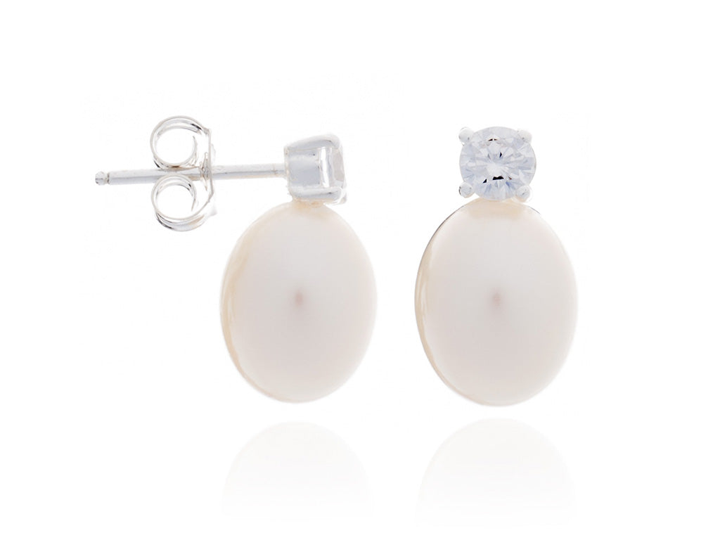 Tear Drop Pearl Studs with Crystal in White - Large