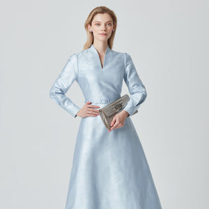Long sleeve pale blue and silver midi dress