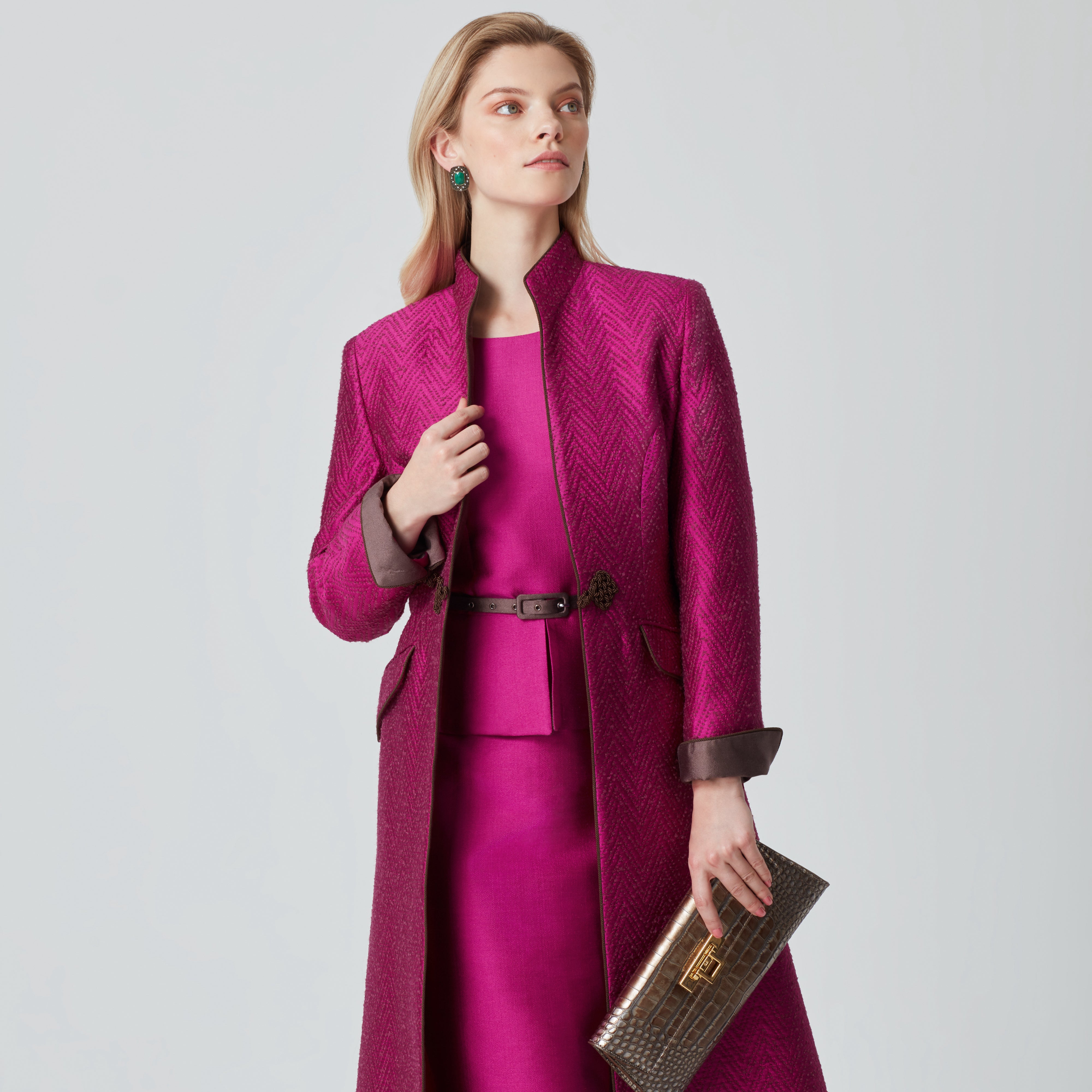 Midi lenght silk dress coat in fuschia and mocha for mother of the bride