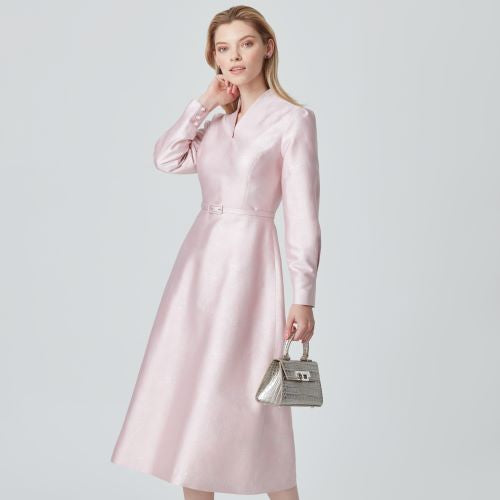 Pale pink and silver ballerina length dress with long sleeves