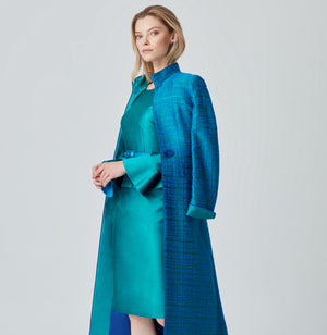 Silk shift dress with peplum and silk dress coat in emerald 