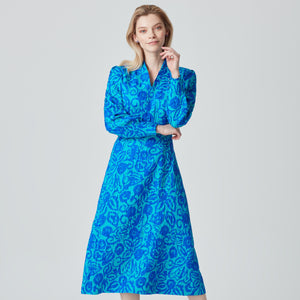 Smart midi length summer dress in blue matelasse print