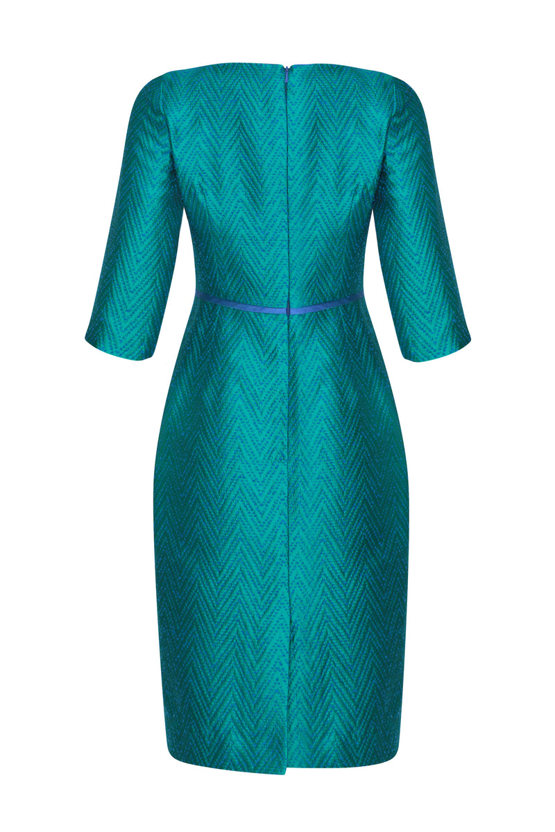 3/4 Sleeve Shift Dress in Emerald/Blue Herringbone - Angela