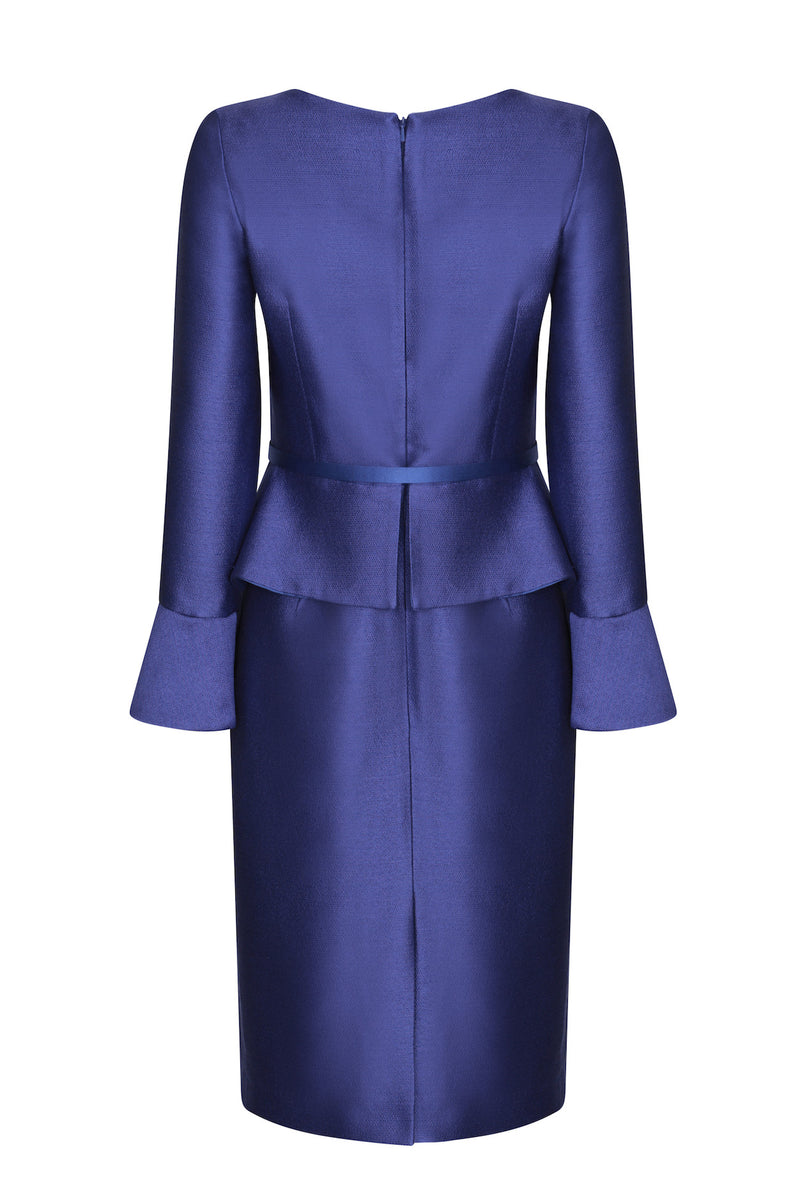 Peplum Dress with Fluted Cuffs in Purple and Royal Plain Brocade  - Catherine