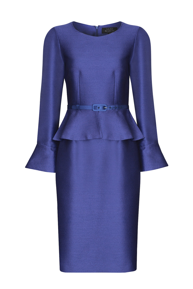 Peplum Dress with Fluted Cuffs in Purple and Royal Plain Brocade  - Catherine