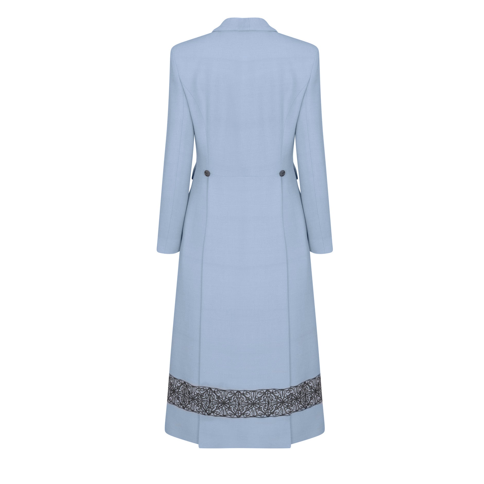 Long Coat in Sky Faille with Grey Embroidery - Dulcie