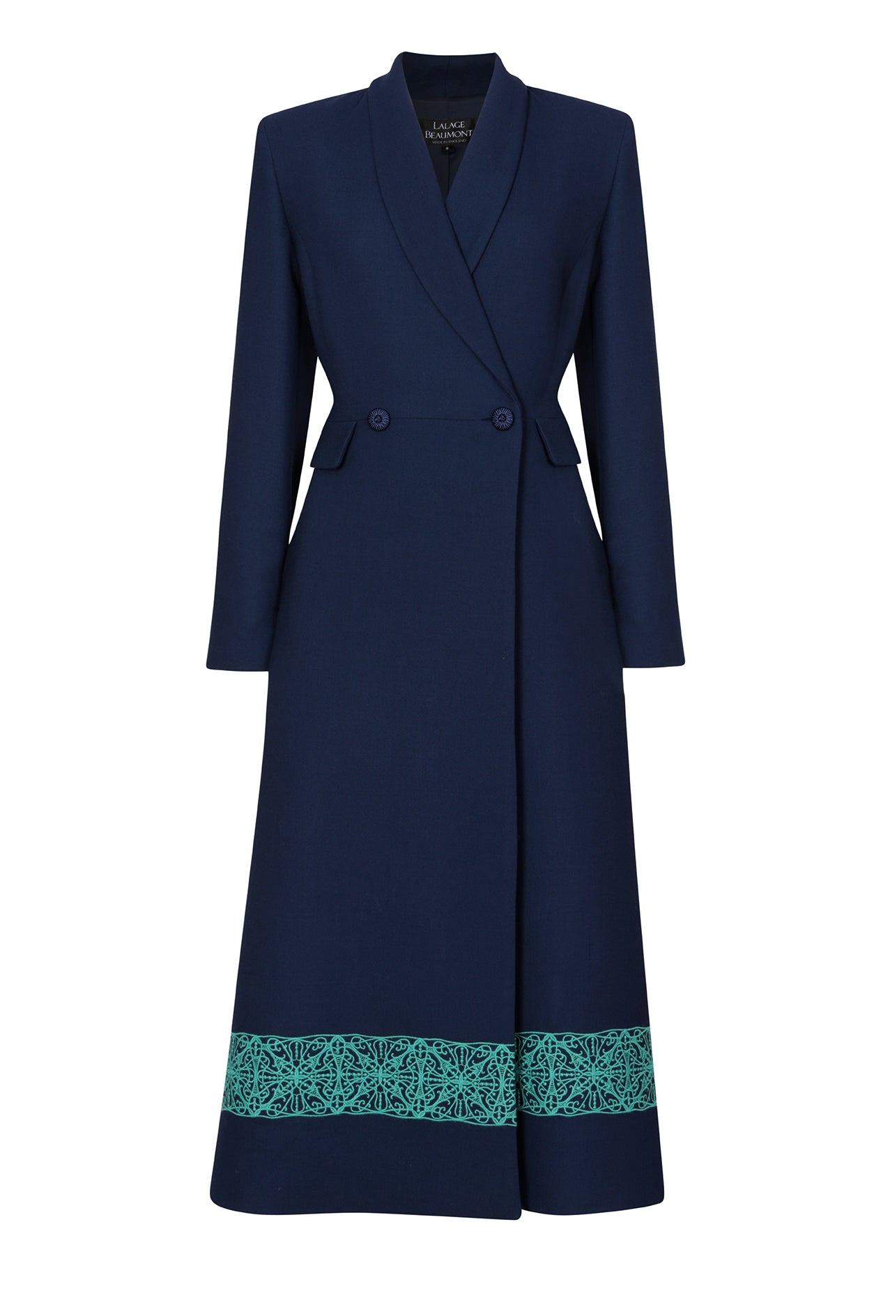 Double-Breasted Coat in Embroidered Navy Faille - Dulcie