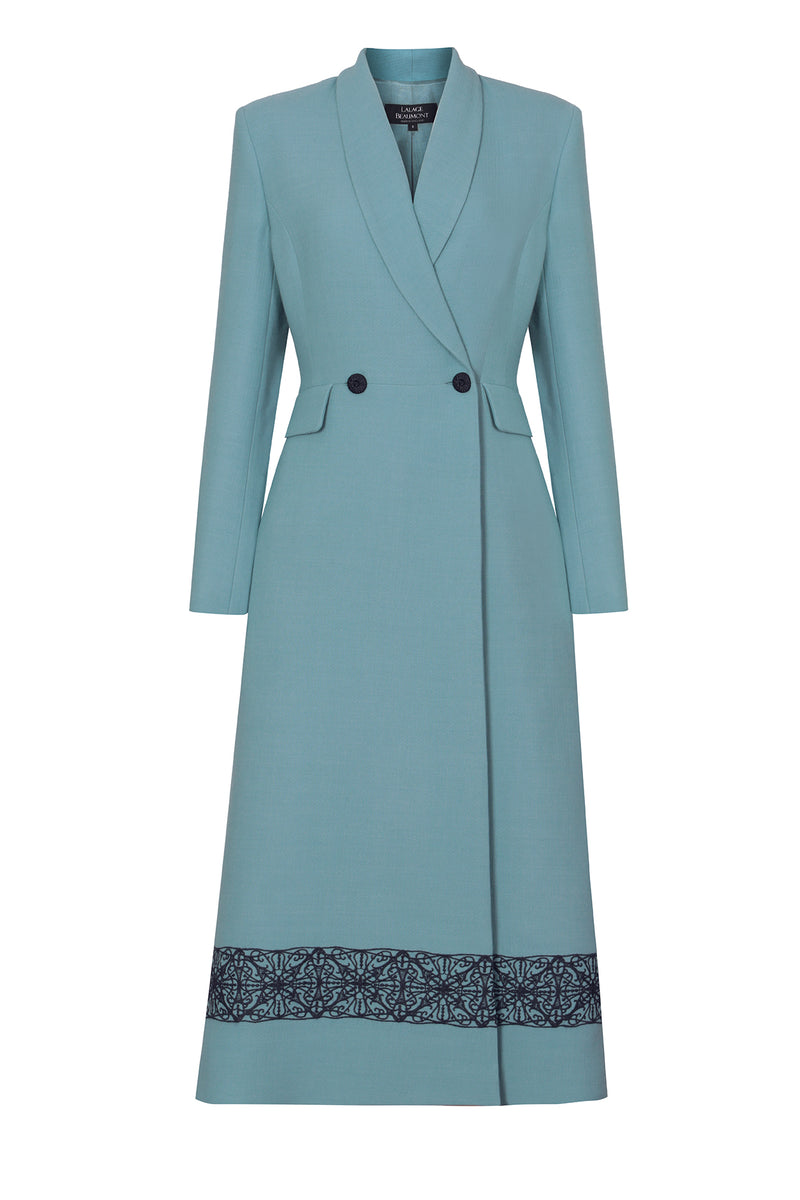 Double-Breasted Coat in Embroidered Petrol Faille - Dulcie