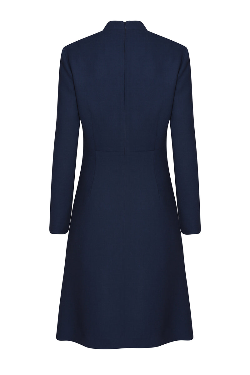Long-Sleeve Dress with Flared Skirt in Navy Blue Faille - Emilia