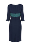Embroidered and Plain Faille Dress in Navy/Emerald - Rolanda