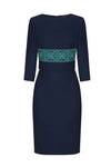 Embroidered and Plain Faille Dress in Navy/Emerald - Rolanda