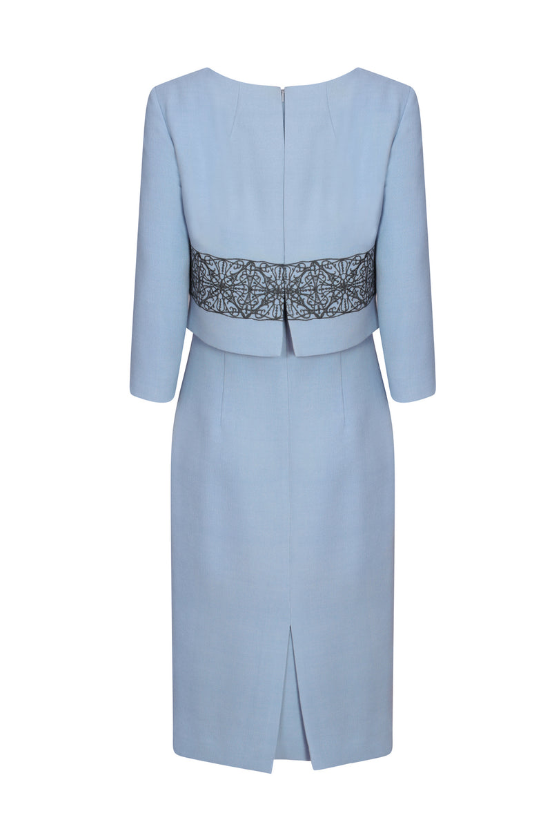 Straight Dress with Over-Bodice in Sky Faille with Dark Grey Embroidery - Rolanda