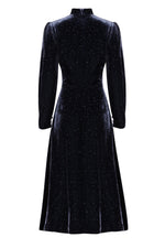 Long-Sleeved Midi Dress with Flared Skirt in Navy Sparkle Velvet - Sophie