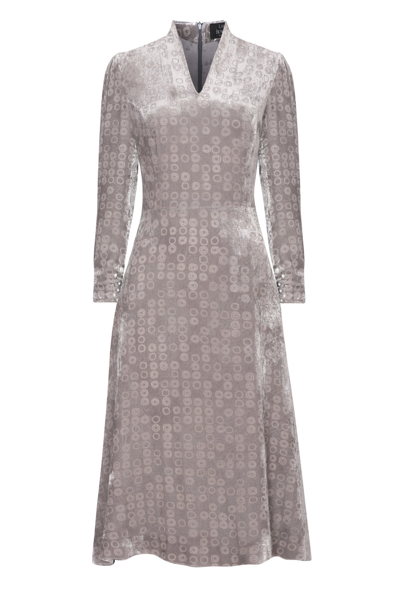 Midi Flared Dress in Grey Devoré Velvet - Sophie