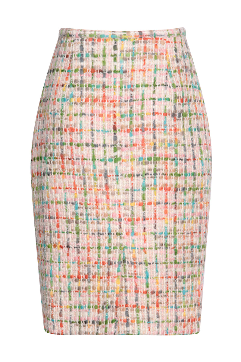 Knee-Length Straight Skirt in Cream Tweed with Multi-Colours - Penny