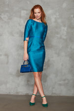 3/4 Sleeve Shift Dress in Emerald/Blue Herringbone - Angela
