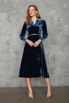 Long-Sleeved Midi Dress with Flared Skirt in Navy Sparkle Velvet - Sophie