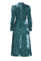 Long Sleeved Midi Dress in Teal Paisley Printed Velvet - Cleo