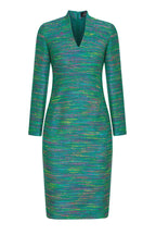 Longer Length Shift Dress in Striped Green and Multi Tweed - Emma