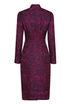 V-Neck Dress in Wine/Black Silk/Wool Printed Matelassé - Emma